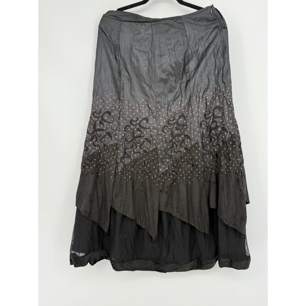 Vtg Boho Black‎ Handkerchief Hem Skirt Embroidered Sequins Festival Gothic Gypsy